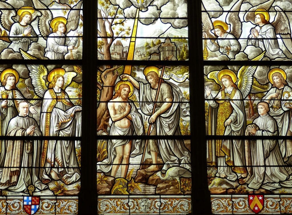 church, window, church window, stained glass, picture, bible, jesus, historical, christian, passion, baptism, john the baptist, france, burgundy, angel, baptism, baptism, baptism, baptism, baptism