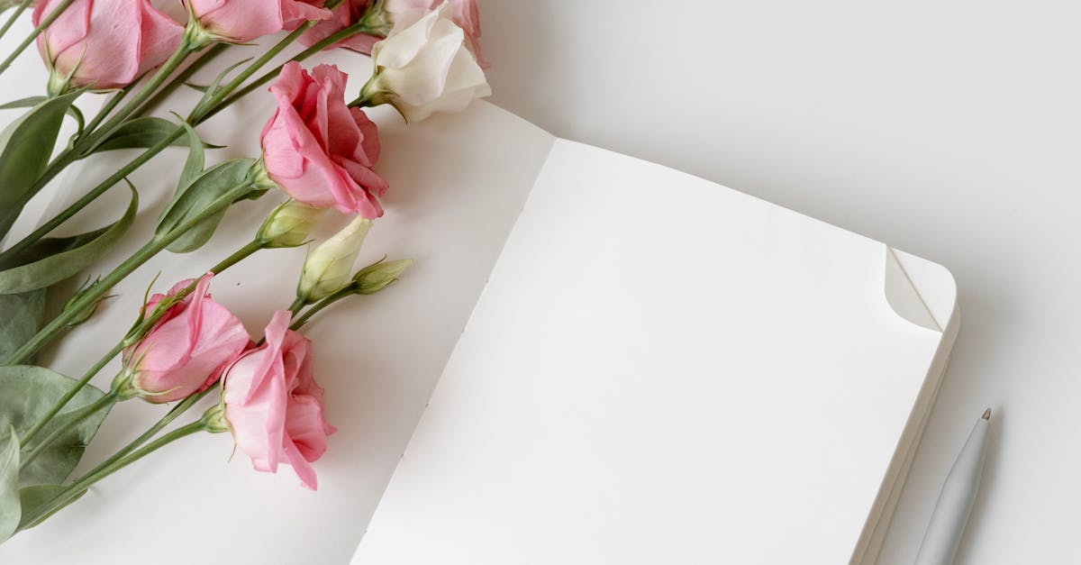 Open notebook with pink and white flowers and a pen. Perfect for minimalistic designs.