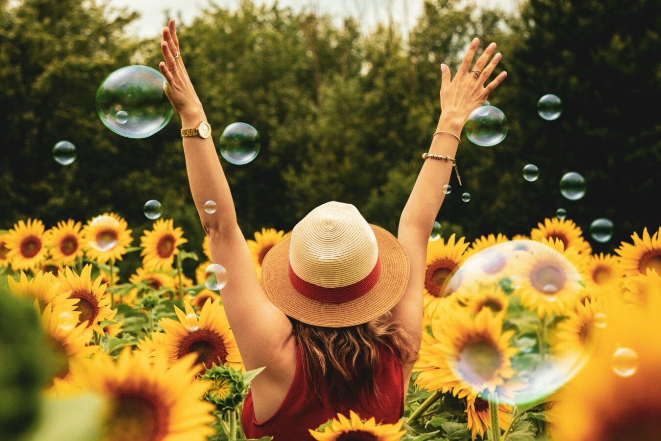 pexels photo 1263986 1263986 Faith & Family A joyful woman in a sunflower field with bubbles, expressing happiness on a summer day.