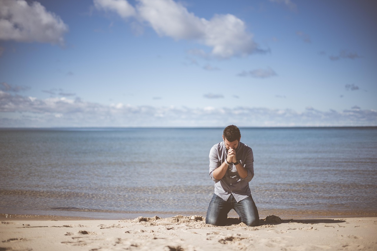 beach, idyllic, man, ocean, peaceful, person, praying, sand, sea, seashore, nature, seaside, shadow, sky, water, kneeling, begging, blue sky, blue beach, blue water, blue sea, blue ocean, blue pray, blue peace, blue sand