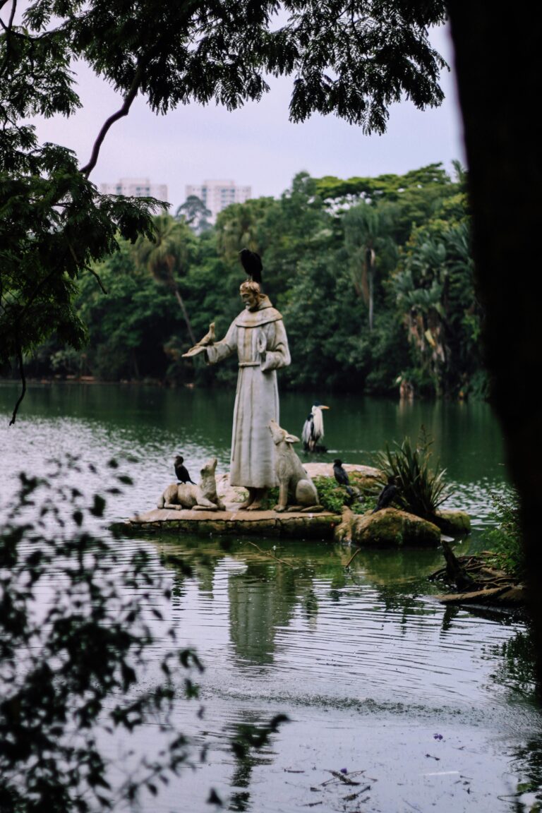 Statue of Saint Francis surrounded by birds and lush greenery on a lake island.