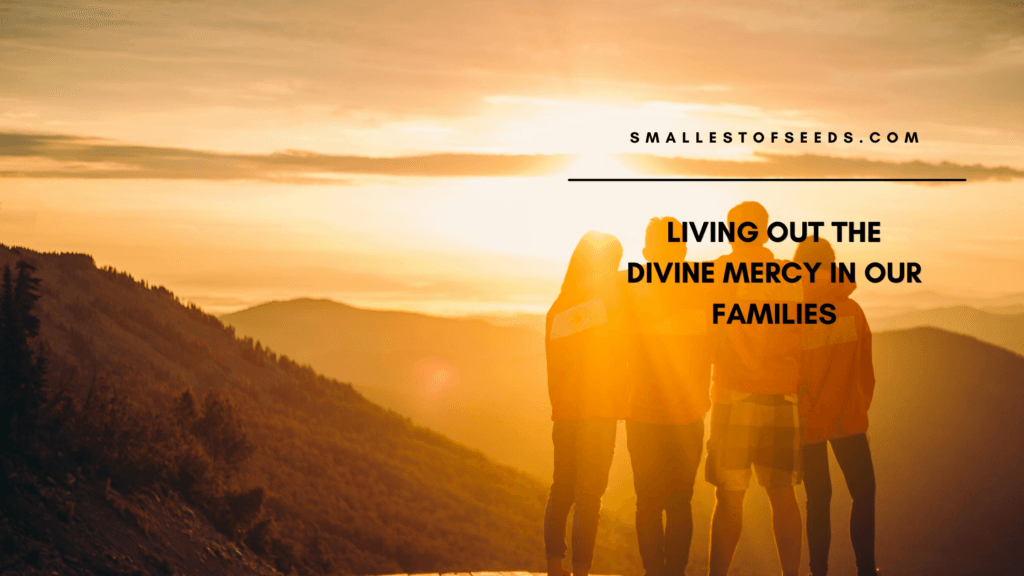 Divine Mercy post Banner Four Ways to Make Mercy the Heart of Our Homes A family looking out into the mountains filled with rays of sunshine, symbolizing god's goodness and mercy